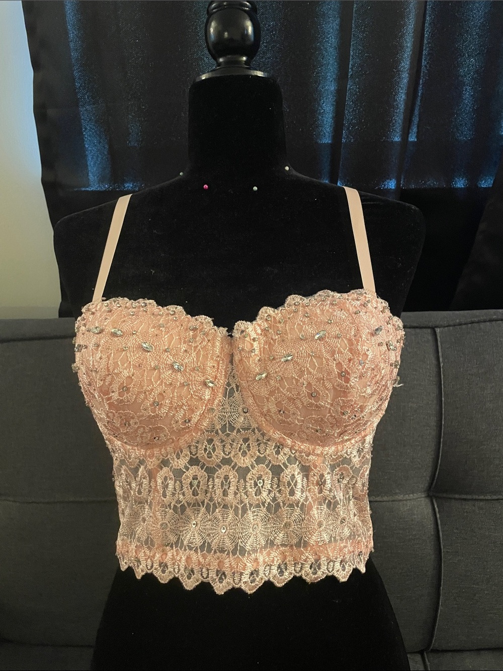 Windsor Blush Pink Lace Longline Bralette with Embellishments